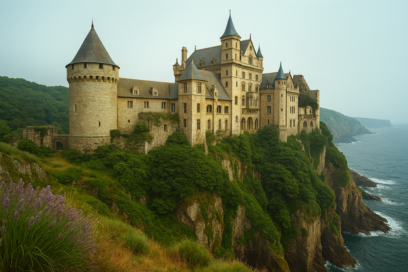 Montclair Castle Ein malerisches Schloss auf einer Klippe, umgeben von üppigem Grün und Meer.